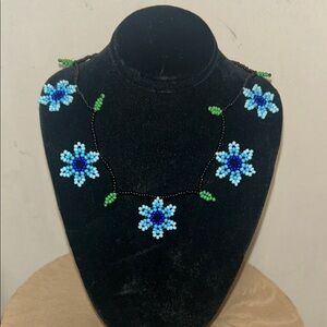 Beaded Floral Necklace with Blue and Green Petals